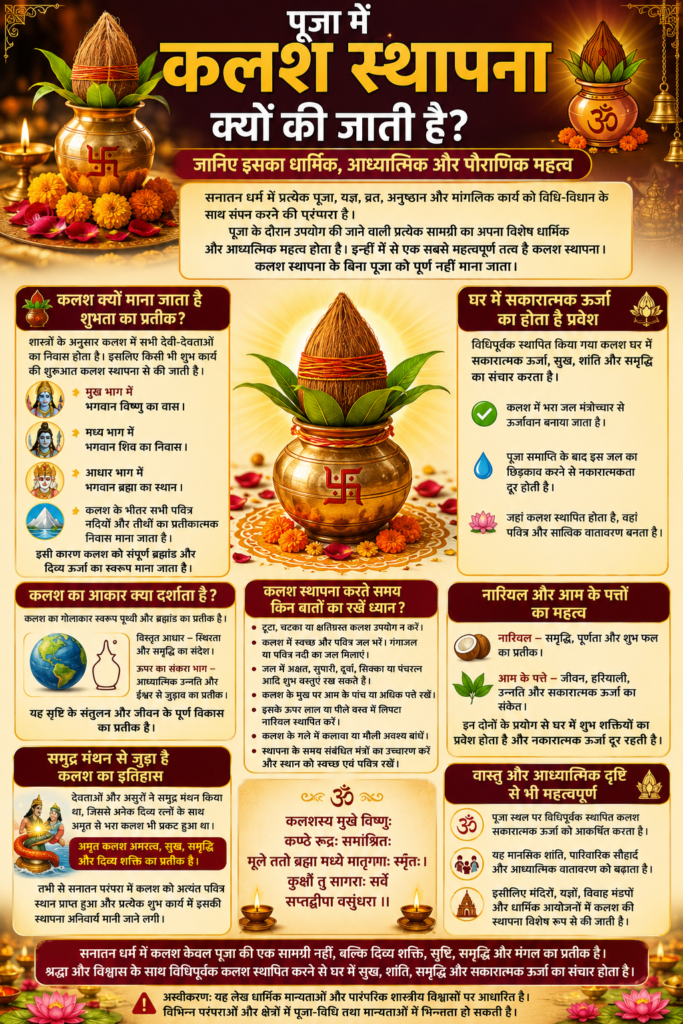 पूजा में कलश स्थापना क्यों की जाती है? इसका धार्मिक, आध्यात्मिक और पौराणिक महत्व
